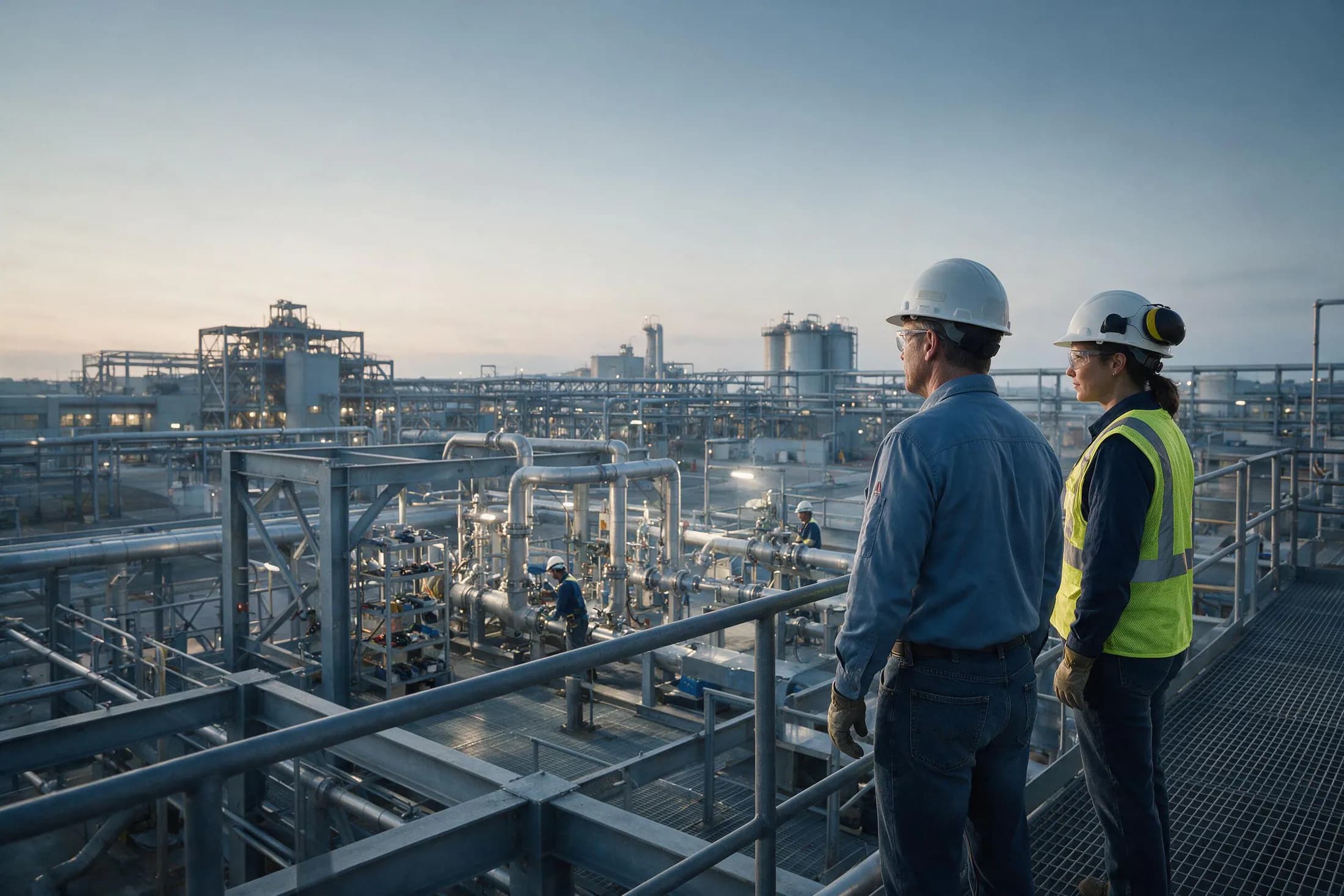 Industrial personnel reviewing a plant work area while maintenance activity continues nearby