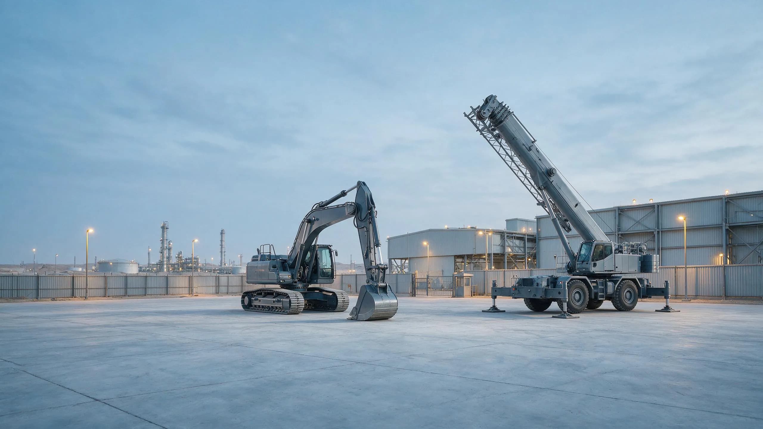 Heavy equipment positioned beside a generic industrial processing facility
