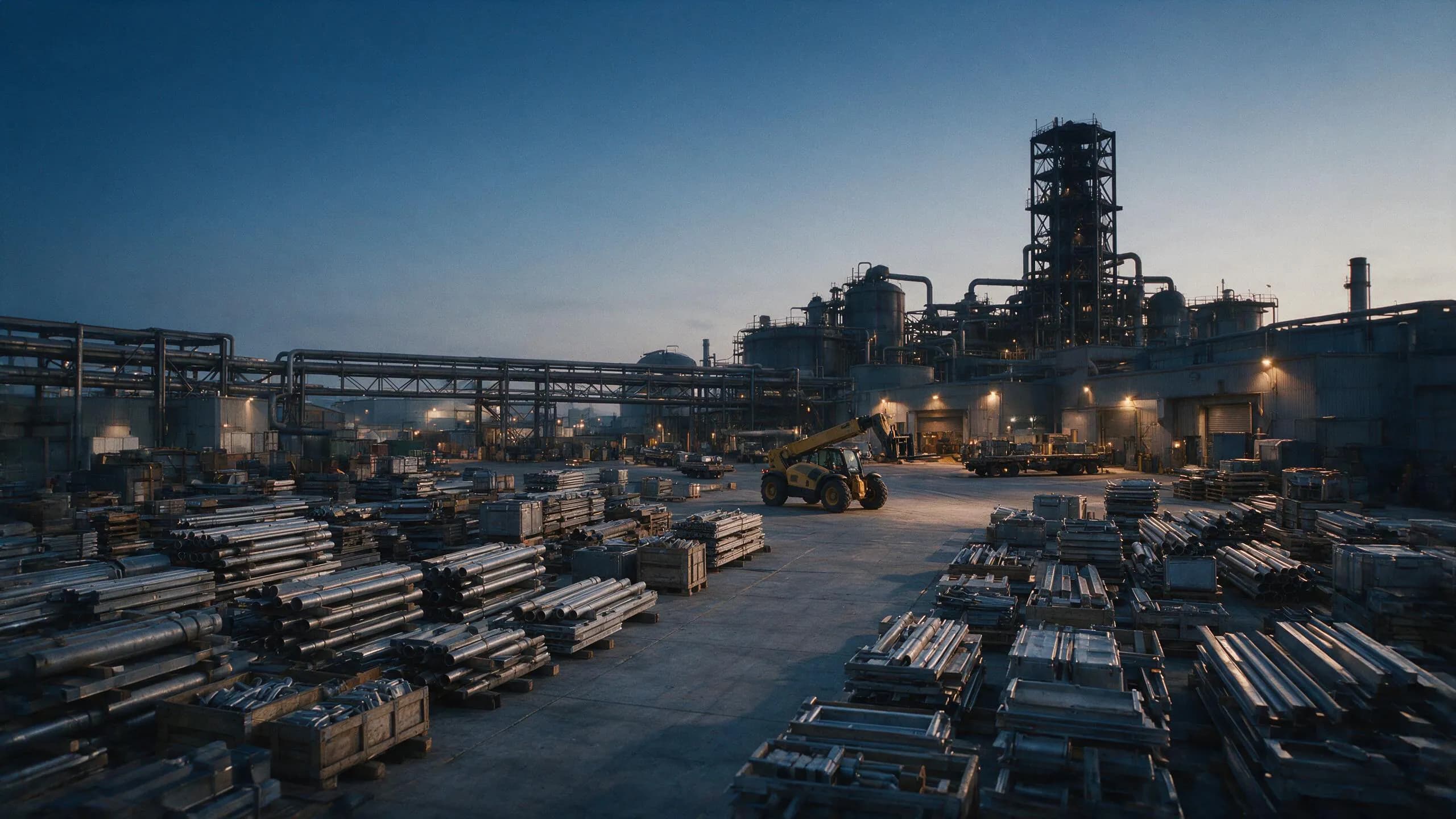 Industrial materials and machinery arranged in a generic project-support yard